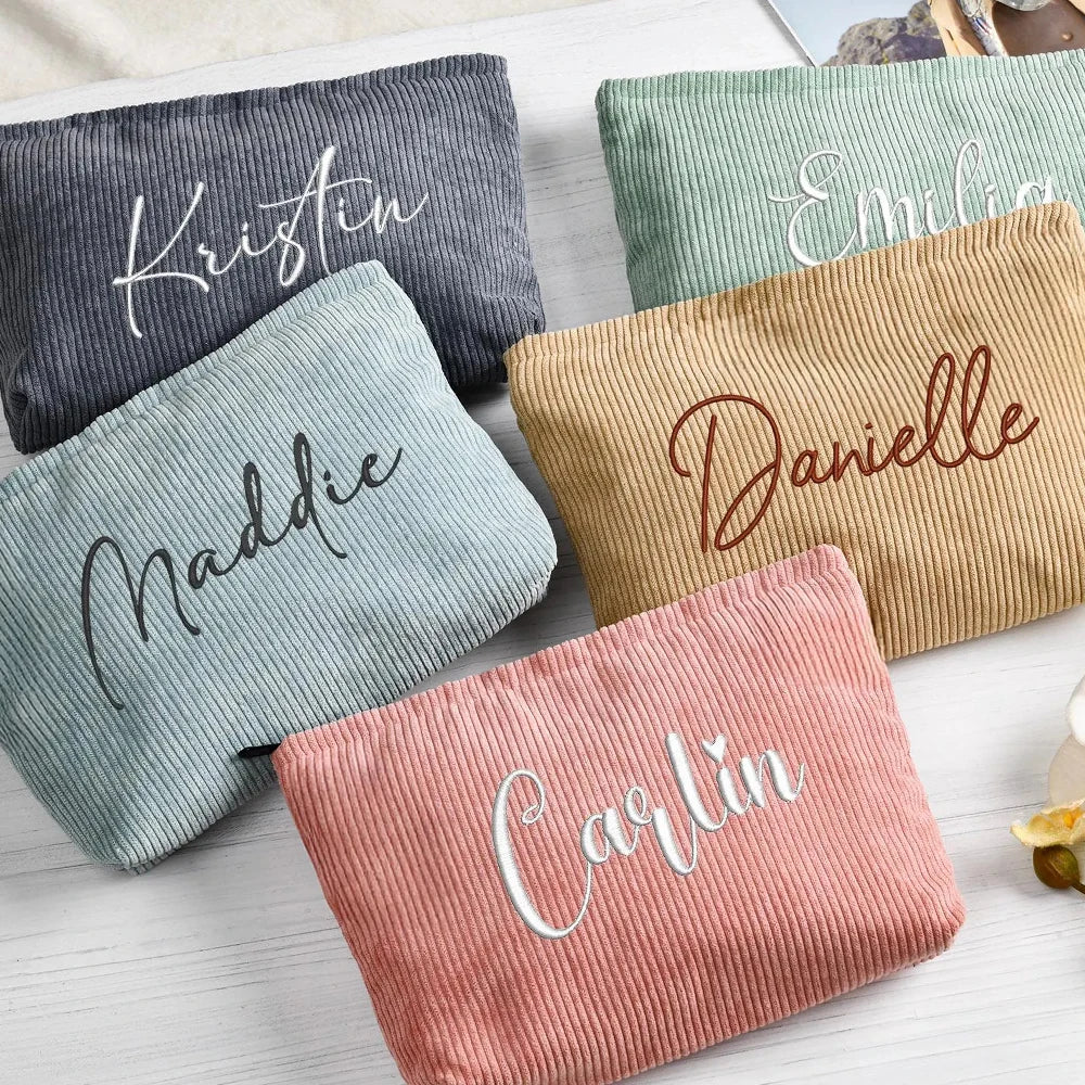 QIUHAN Embroidered Corduroy Bridesmaid Bag Bridesmaid GiftChristmas GiftCustom Name Embroidered Cosmetic Bag
