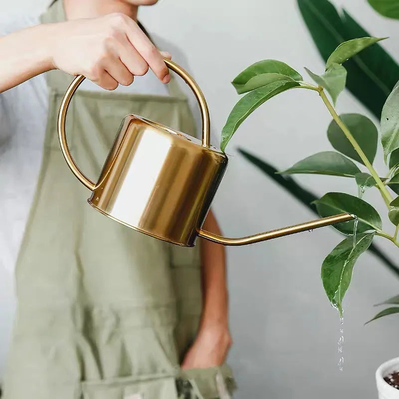 PIONEERA Stainless Steel Watering Can Wooden Handle Long Spout 1.3L Capacity-Durable Lightweight Classic Modern Home Decor