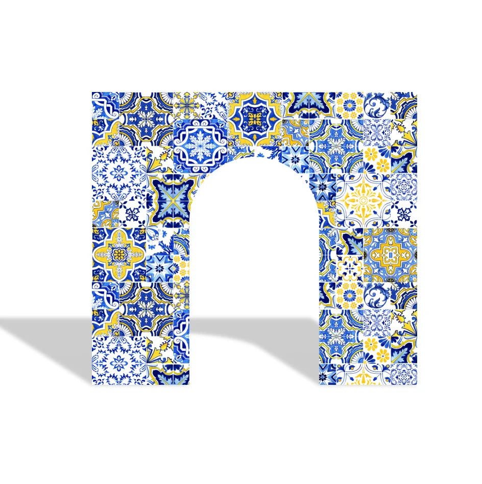 Mediterranean Amalfi Coast Tile Welcome Gateway Sicily Style Majolica Pattern Backdrop 32mm Aluminum Arch for Summer Wedding