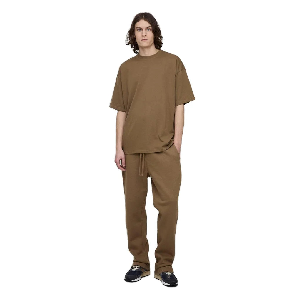 Men's Winter Hooded Solid Brown Oversized T-Shirt Relaxed Fleece Jogger Pants Set Soft Cotton Streetwear Drawstring Waist Raw
