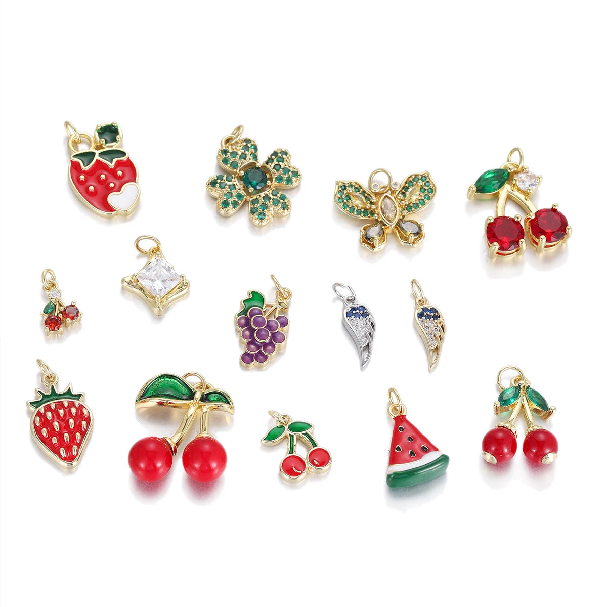 Gold Plated Sweet Oil Dripping Fruit Charm Cherry Watermelon Strawberry Pendant Cubic Zirconia for DIY Jewelry Making Necklace