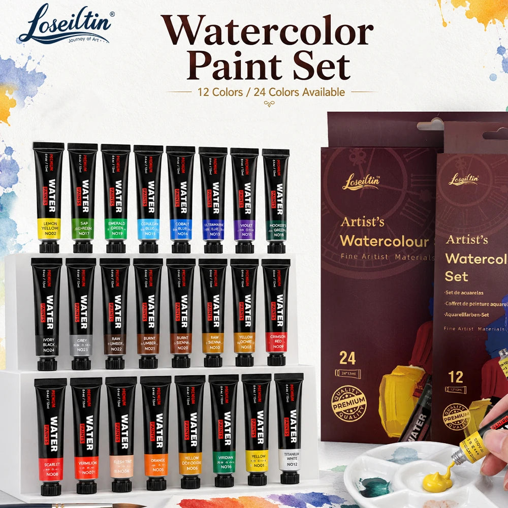 Loseilitin Watercolor 12ML Paint 12/24Colors Artist Watercolor Painting Kit Quality Paint Materials for Art Drawing Colour MegaBDM