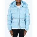 2025 ODM Custom Men's Blue Stand Puffer Jacket Autumn Outdoor Sports Coat Detachable Oversize Hood Waterproof Windproof Front