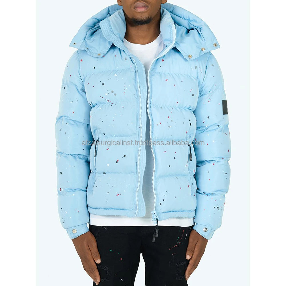 2025 ODM Custom Men's Blue Stand Puffer Jacket Autumn Outdoor Sports Coat Detachable Oversize Hood Waterproof Windproof Front
