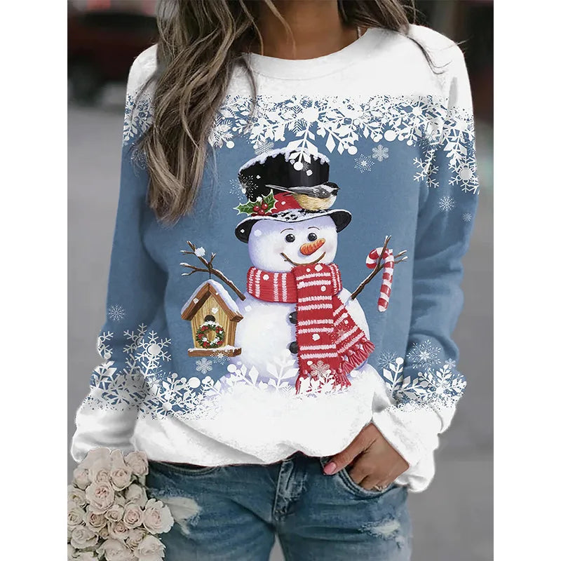 2025 Cross-Border Women's Christmas New Snowman Print Long-Sleeve Casual Loose Sweatshirt