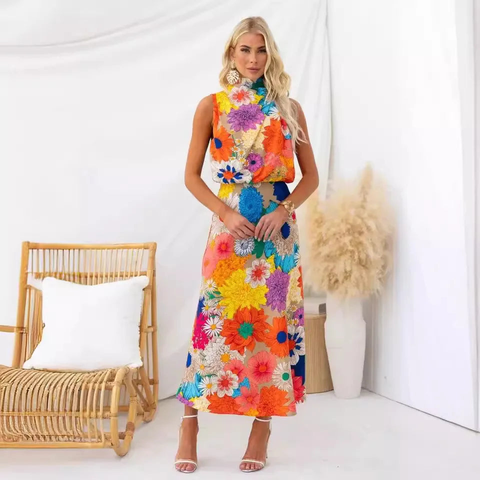 2025 Resort Style Fashion Printed Sleeveless High Neck Waist-Defined Maxi Dress Clothes Women Ladies Dress Online Retailer