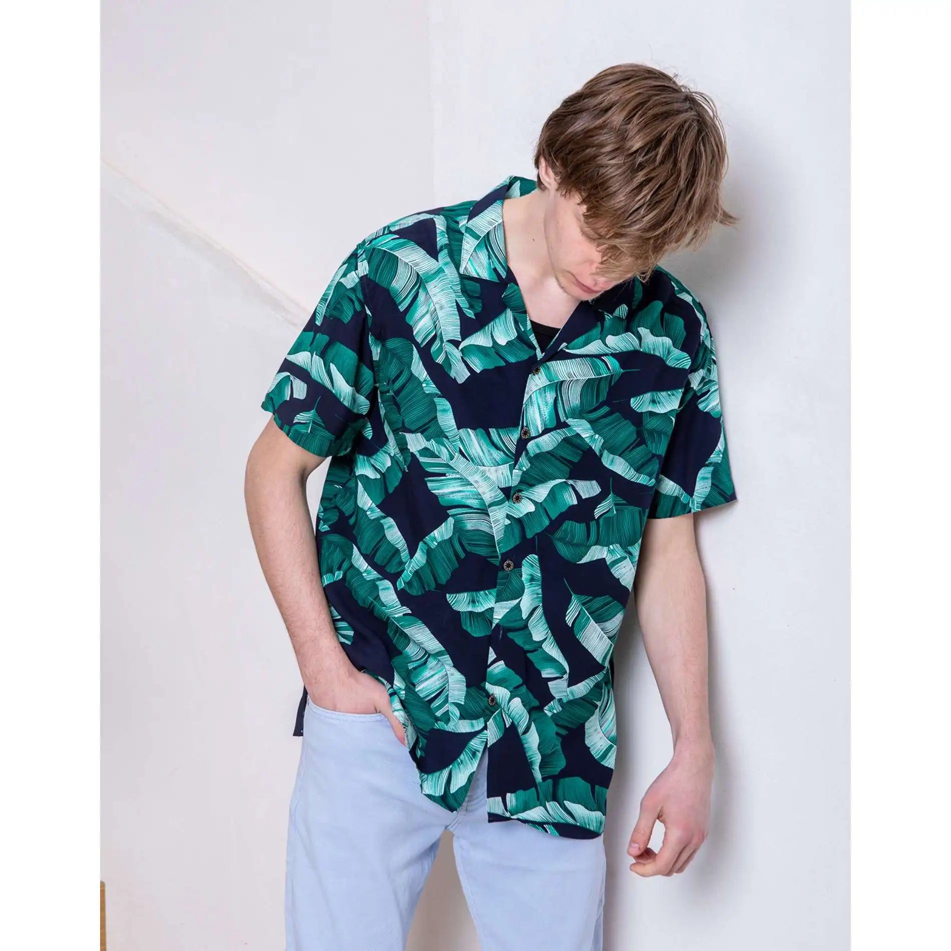 Empire Waist Floral Hawaiian Shirt Navy Blue Regular Fit Casual Summer Breathable Viscose Composition Vacation Button Collar