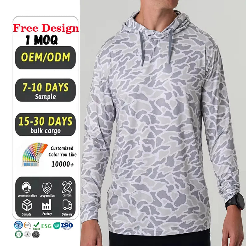 UPF50+ Polyester UV Long Sleeve Performance Camouflage Hoodie Fishing Wear Quick Dry Fishing Shirt Lightweight Fishing Hoodie