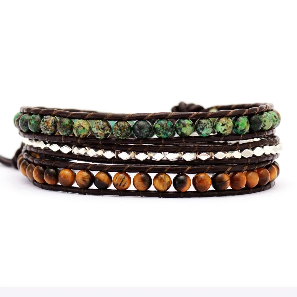 African Turquoise Beads Stainless Steel 18K Gold Plated Boho Wrap Bracelet for Men-Luxury Gift