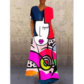 2025 Cross-Border New European & American Dress: Vintage Portrait Cat Printed V-Neck Four-Way Stretch Maxi Dress
