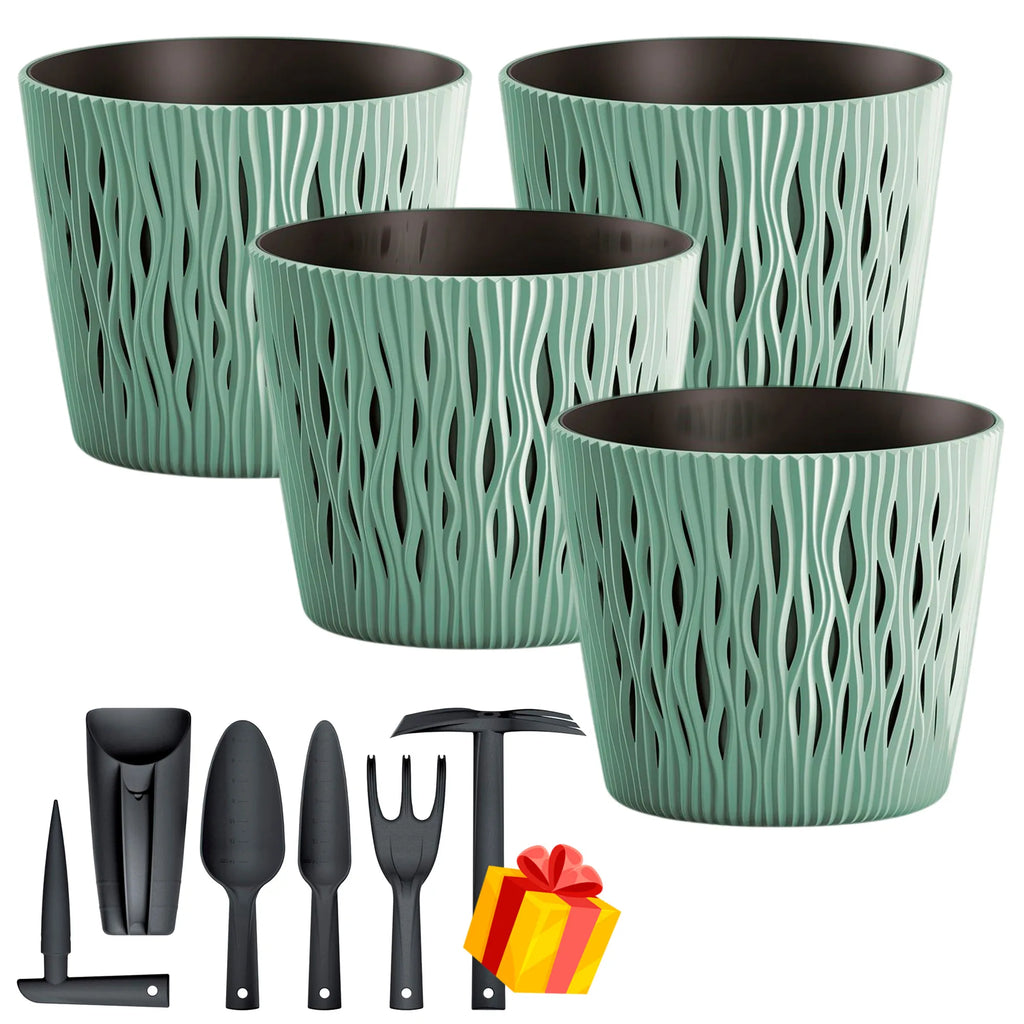 Set of 4 Sandy Round 1.7L plastic flower pots in sage color 15.8 x 15.8 x 13.8 cm + FREE set of 6 garden tools