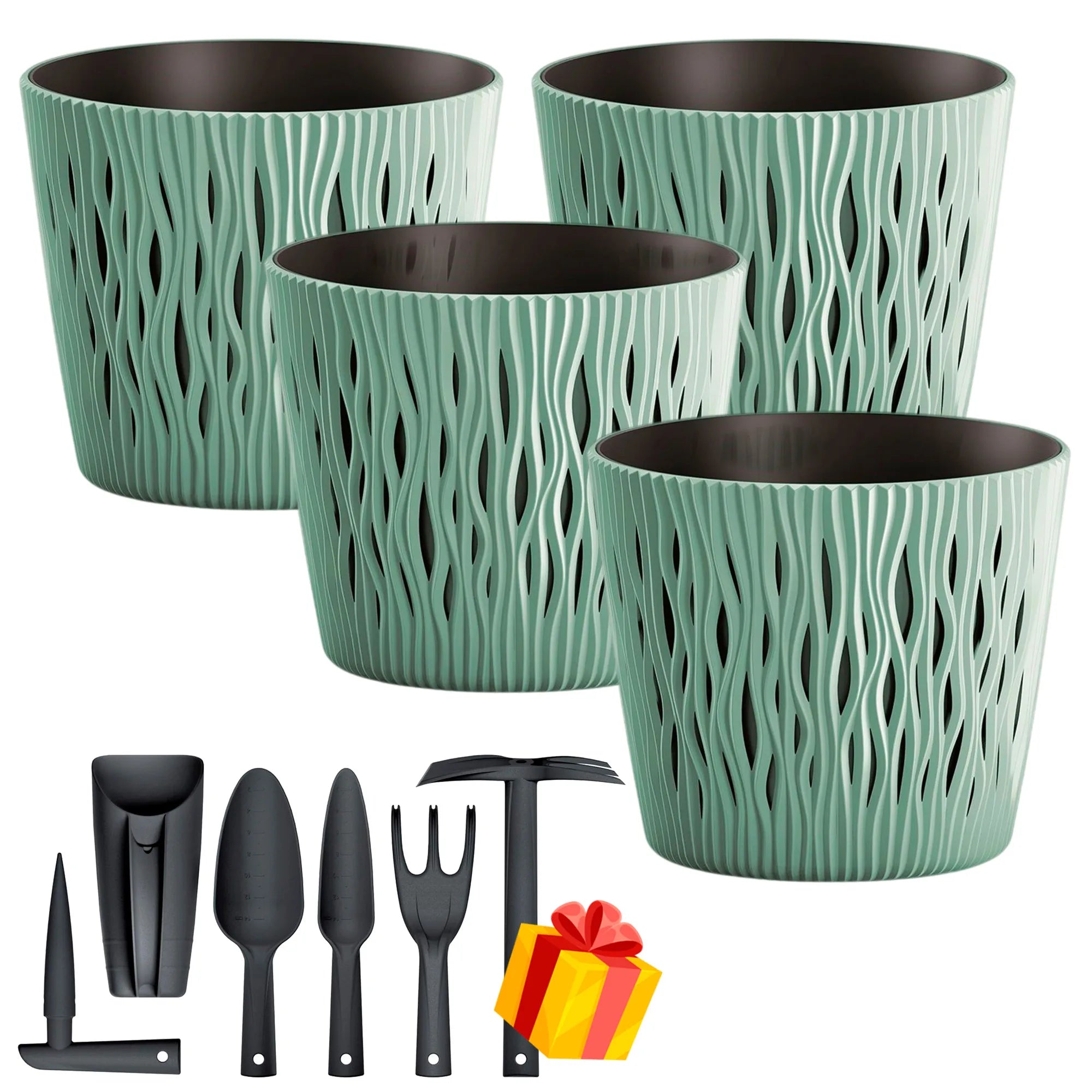Set of 4 Sandy Round 1.7L plastic flower pots in sage color 15.8 x 15.8 x 13.8 cm + FREE set of 6 garden tools