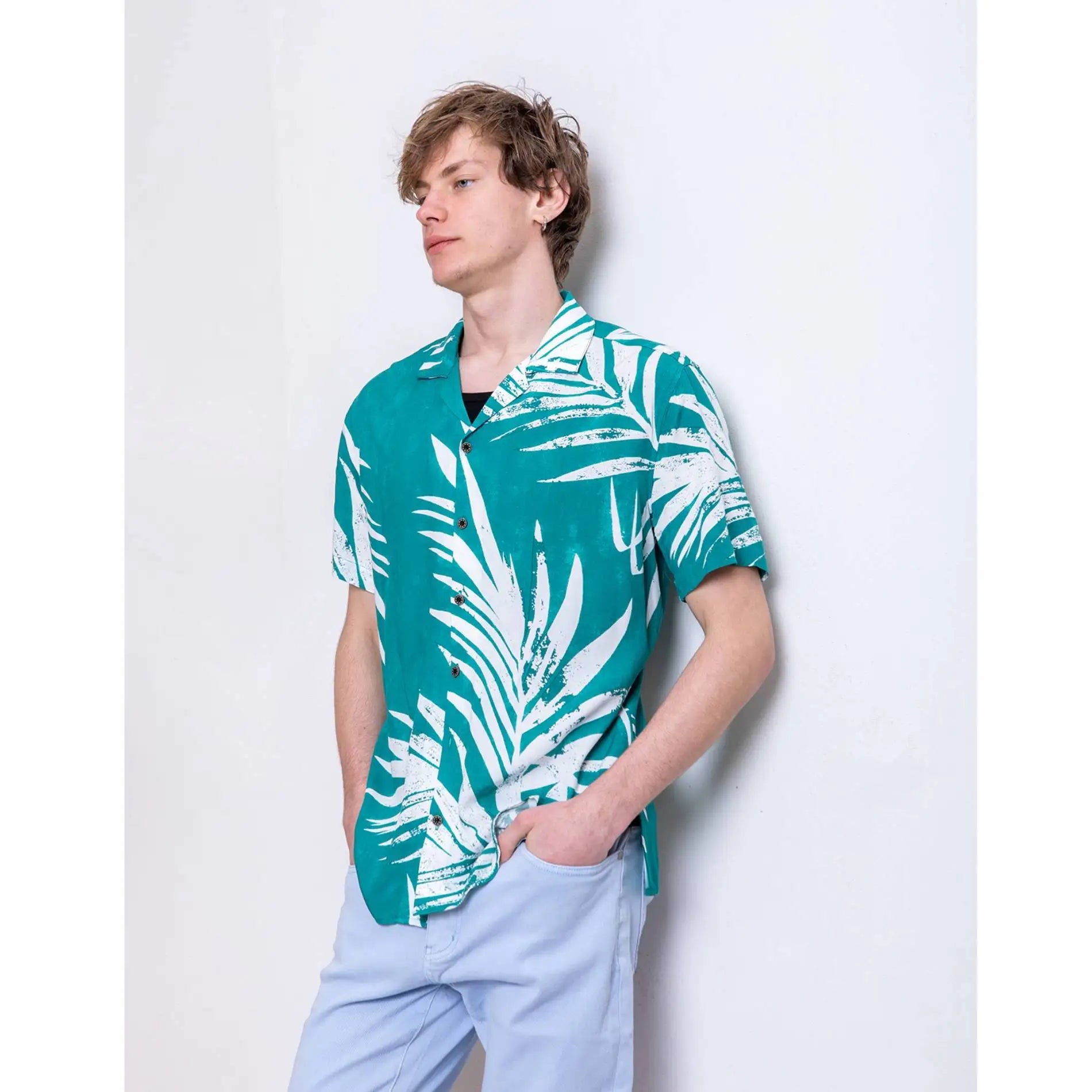 Empire Waist Twill Soft Draping Green Button Collar Floral Breathable Casual Summer Vacation Short Sleeve Hawaiian Shirt Side