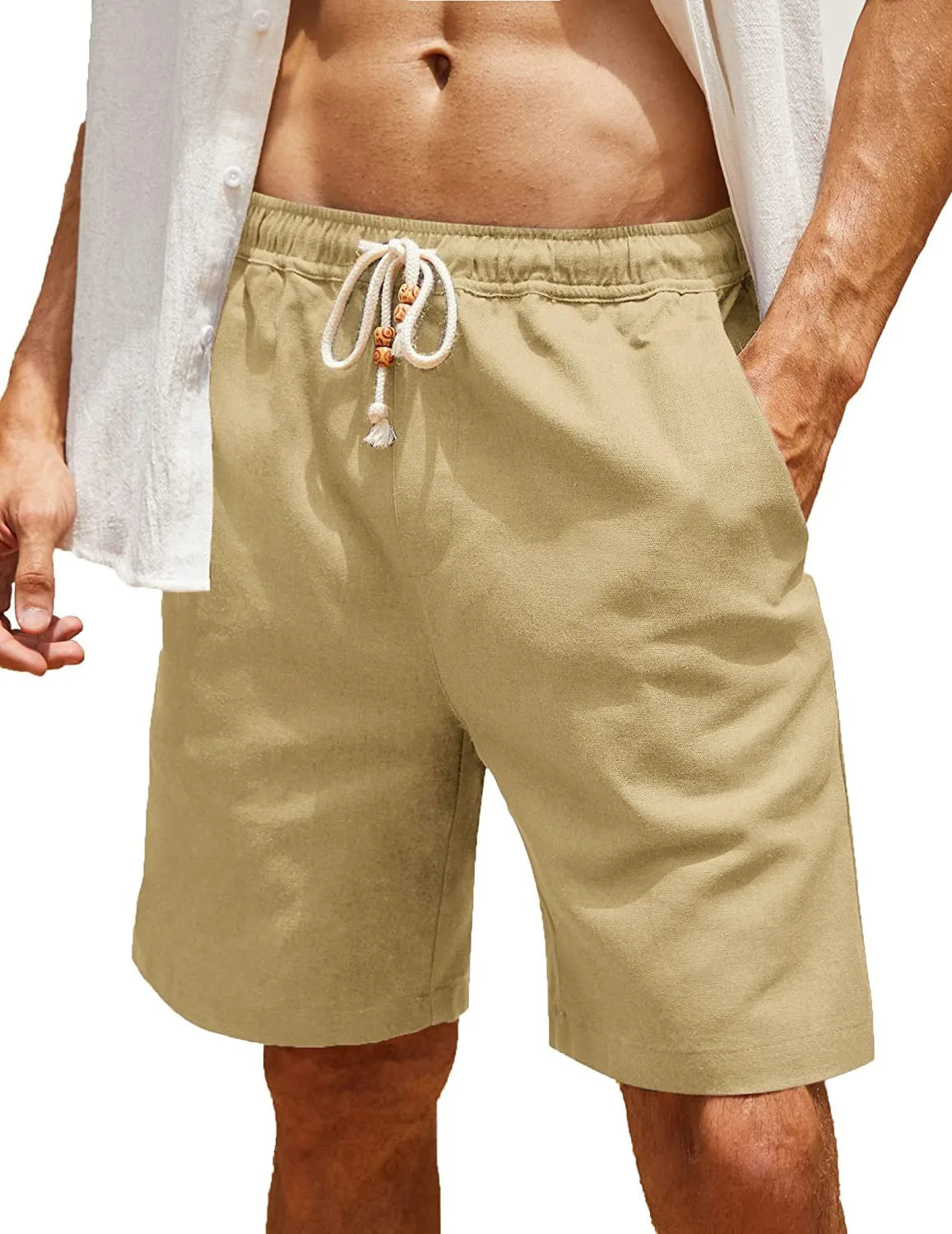 Holiday Style Khaki Breathable Loose 7 Inch Drawstring Cotton Linen Shorts Men Plus Size Men's Shorts