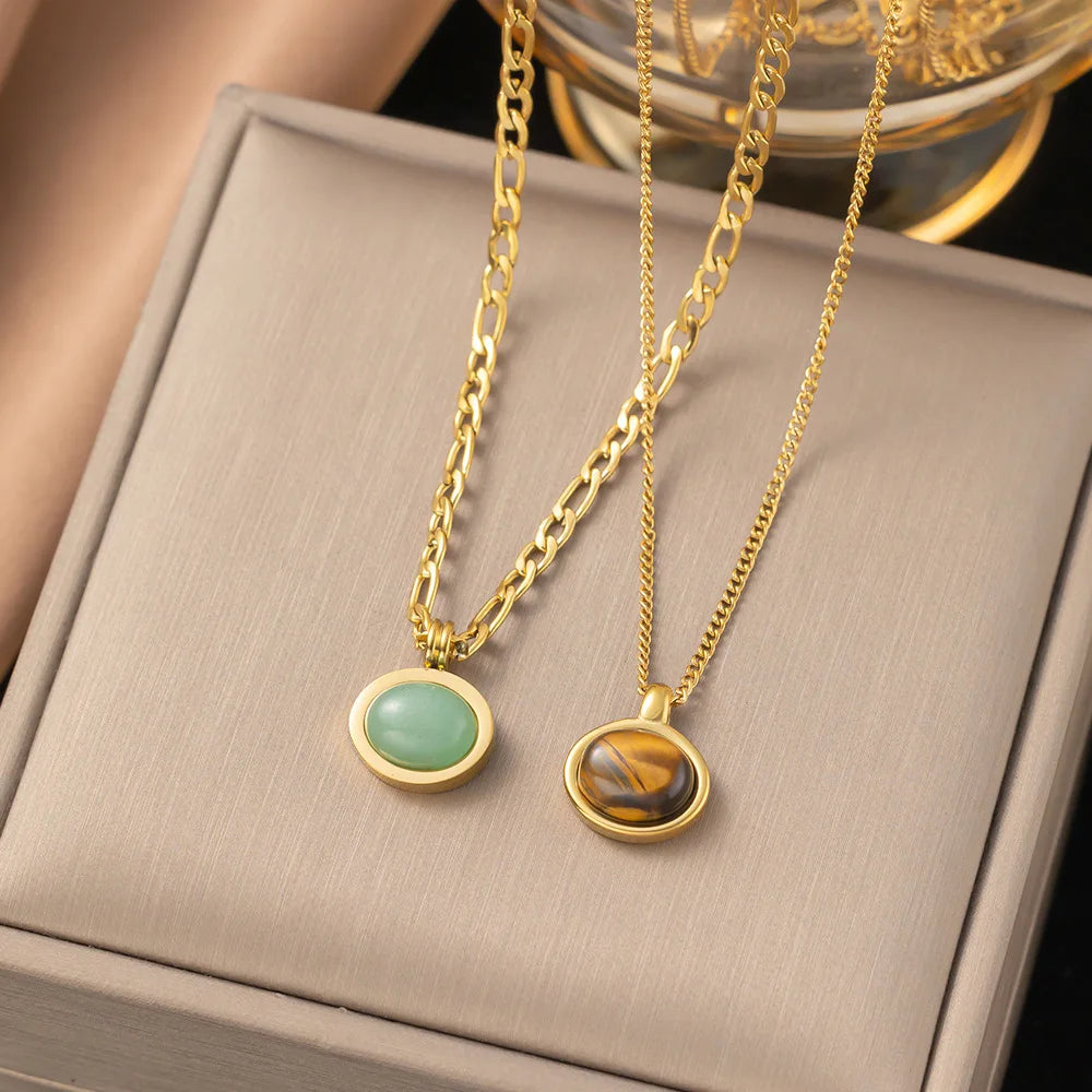 Elegant Jade Round Pendant Figaro Stainless Steel Vintage Necklace