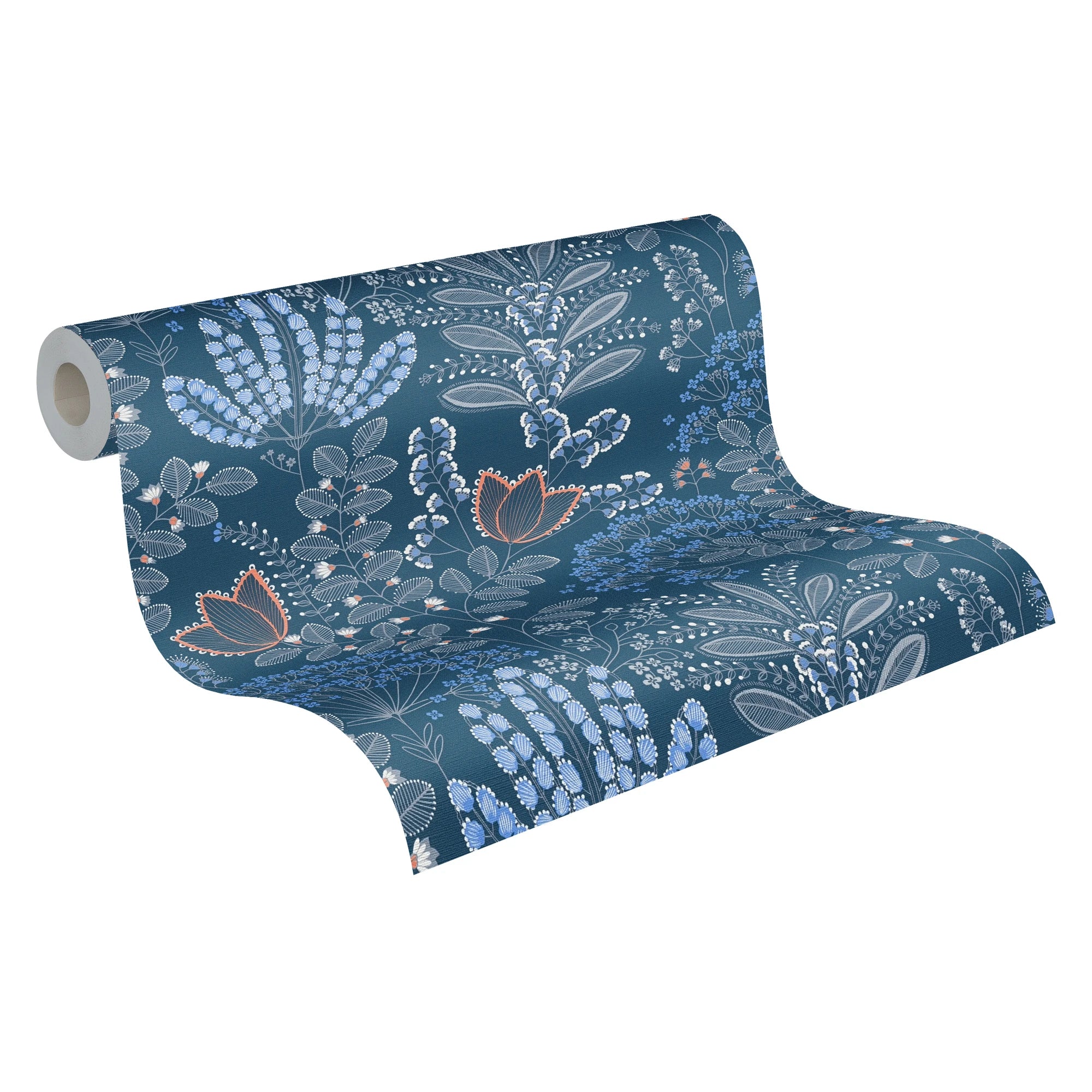 Made Germany-Floral Blue White Grey Non Woven Vinyl Wallpaper Rolls for Living Room Hotel School-Abrasion-Resistant Home Decor