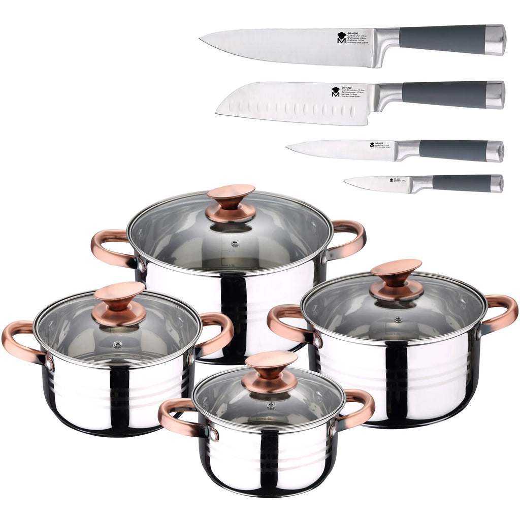 SAN IGNACIO Altea 8-piece stainless steel cookware set suitable for induction hobs with a set of 4 San Ignacio kitchen knives.