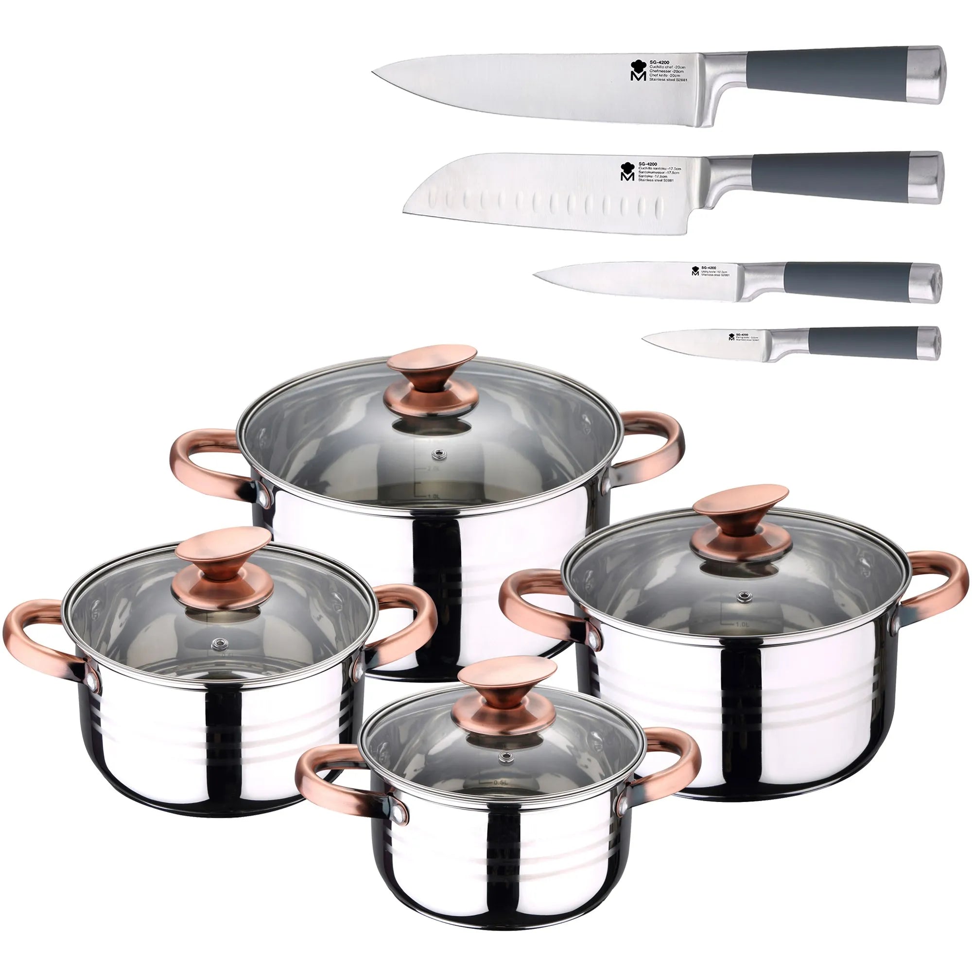 SAN IGNACIO Altea 8-piece stainless steel cookware set suitable for induction hobs with a set of 4 San Ignacio kitchen knives.