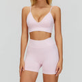 2026 New Sexy Seamless 2 Pcs Yoga Set for Women Solid Shockproof Sports Bra and Compression Biker Shorts Set Fitness Gym Set