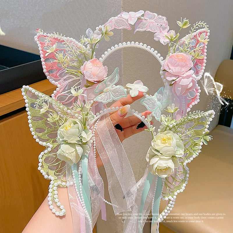 Antique Fashion Princess Hair Hoop Sweet Girl Flower Butterfly Pearl Hair Accessories Headband for Children MegaBDM