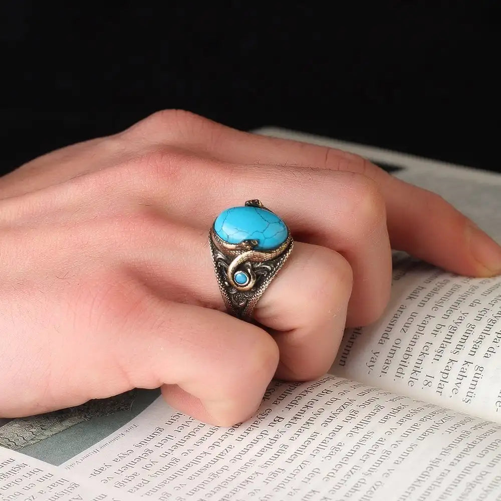 Turkish 925 Sterling Silver Men's Ring Ottoman Style Fashion Jewelry Natural Black Stone Handmade Azuris VALKH1313