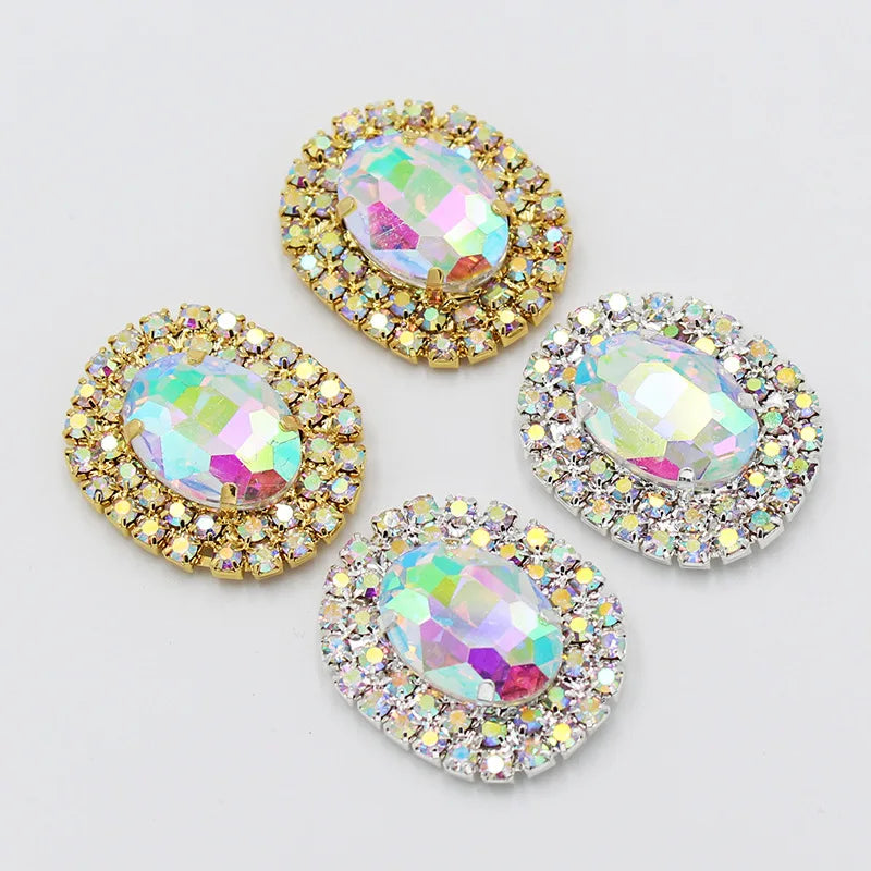 Bling Sew-On Crystal Oval Glass Rhinestone Ornament Buckles Metal Ring Type for Custom Bottle and Wedding Decoration