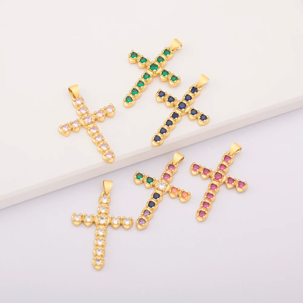QIKU Children's Trendy 18K Gold Plated Copper Prayer Cross Pendant with Colorful Crystals for Necklace Jewelry Making