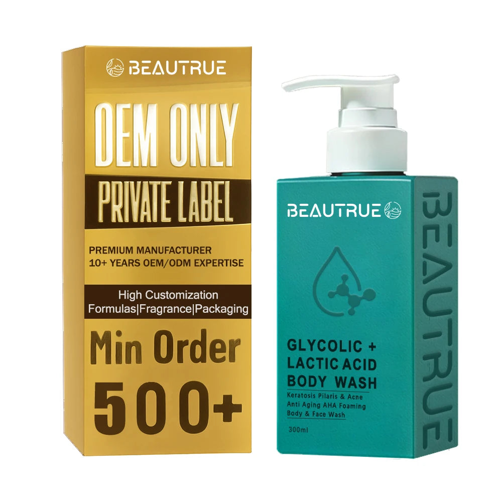 Private Label Glycolic Acid Lactic AHA Exfoliating Body Wash KP Bump Eraser Foaming Cleanser Keratosis Pilaris Acne Aging