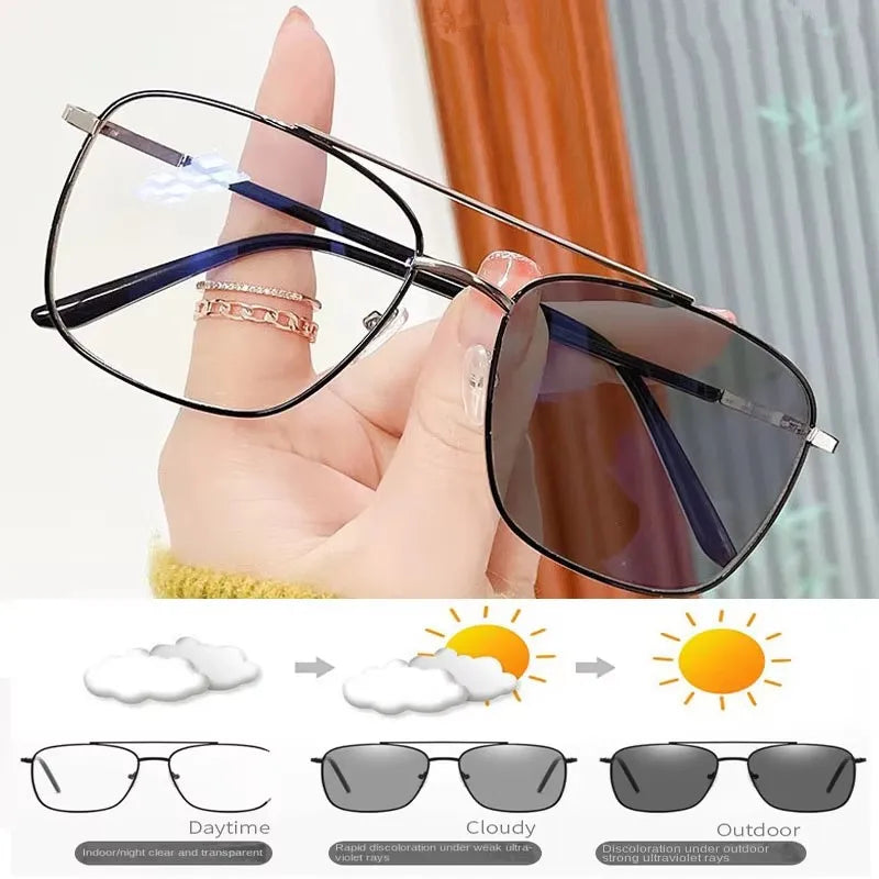 2025 Vintage Lens Color Change Metal Anti Blue Light Computer Eyeglasses Pilot Square Frame Photochromic Glasses