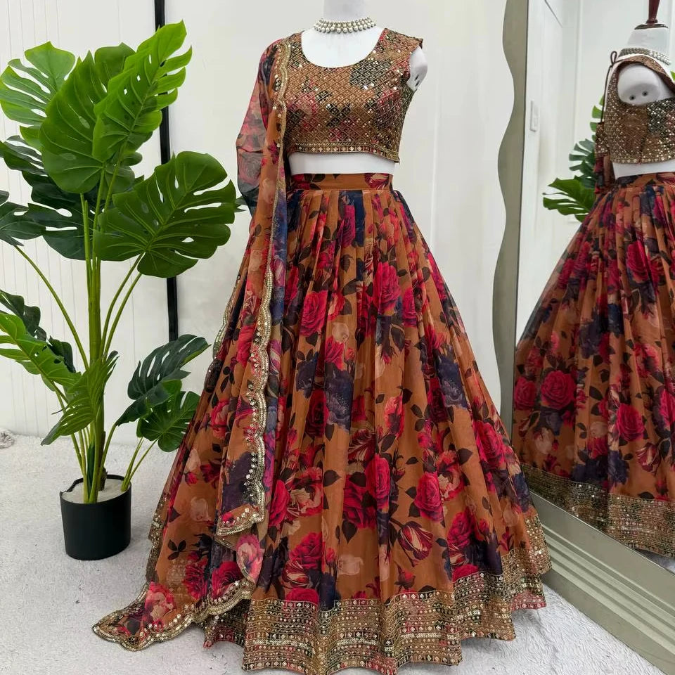 New Collection Reversible Stretchable Wedding Digital Printed with Embroidery Work Semi Stitched Lehenga Choli Fancy Dupatta