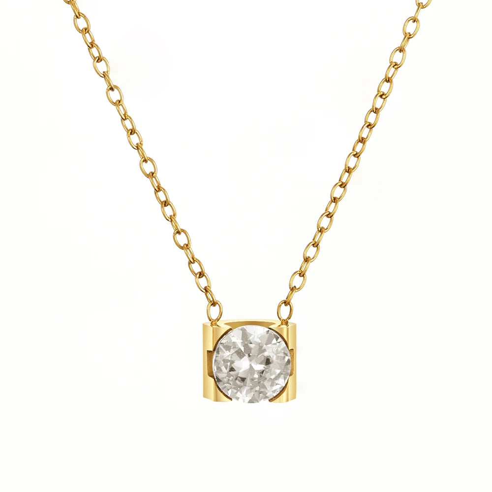 Latest 18K Gold Plated Stainless Steel Jewelry Square Zircon Diamond Pendant Necklace Waterproof for Woman Necklace P243504