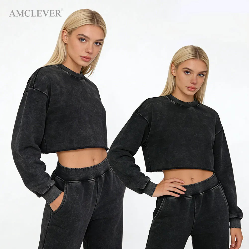 Custom Print Women's Cropped Hoodie 380Grams Heavyweight Snow Washed Distressed Raw Edge Crew Neck Cropped Sweatshirts