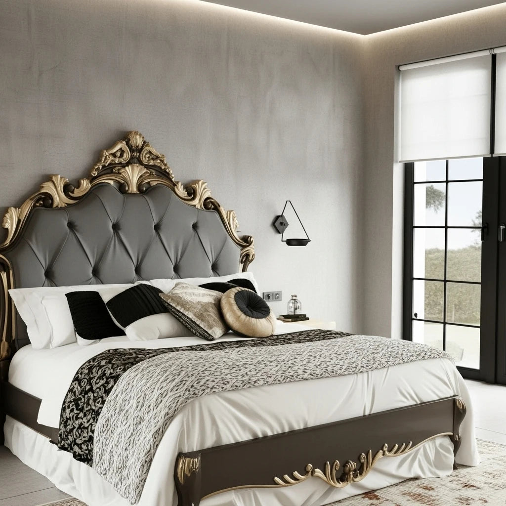 ONLYONE Luxury Baroque Style King Bed Gray Tufted Upholstery Gold Carving Modern Classic Bedroom Furniture for Home Hotel