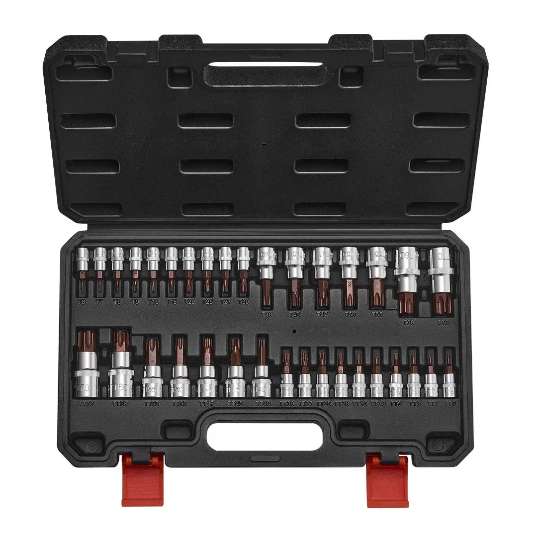 34-Piece Torx Bit Socket Set Tamper-Proof T6/T70/S2 S2 Steel 1/4" 3/8" 1/2" Drive Durable Storage Case DIY OEM Hand Tools