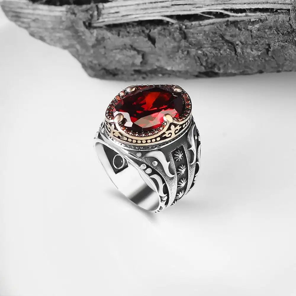 Turkish 925 Sterling Silver Men's Ottoman Style Ring with Natural Agate Stone Azuris VALKH1253