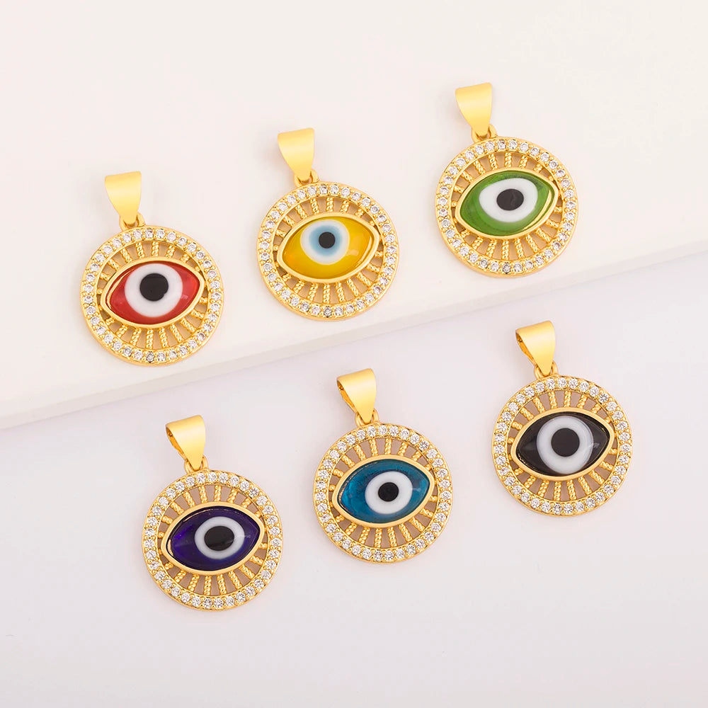 QIKU Wholesale Glaze Evils Eye Shape Coin Crystal Zircon Copper New Year Lucky Small Charm for Jewelry Making