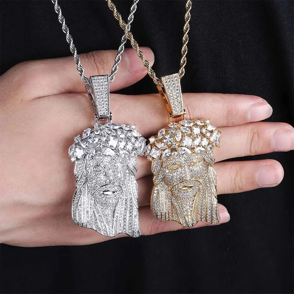 New Hip Hop Style Portrait Men's Pendant Necklace Brass Gold Zircon Lab Diamond with Iced Jesus Rhodium Plated Charm Jewelry