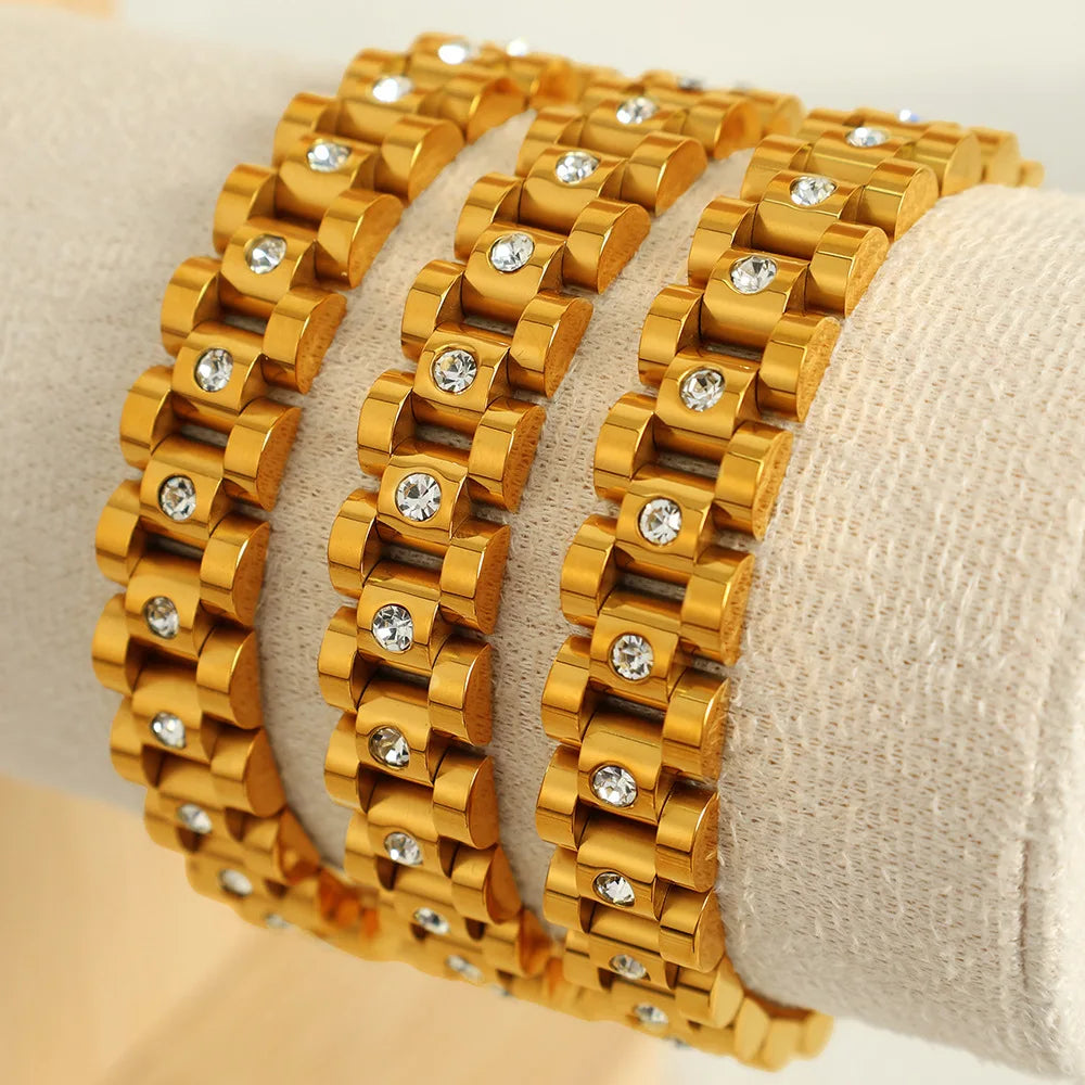 Factory Wholesale Price Electroplating Waterproof White Zircon Watch Bracelet Zircon 18k Gold Stainless Steel Bracelet