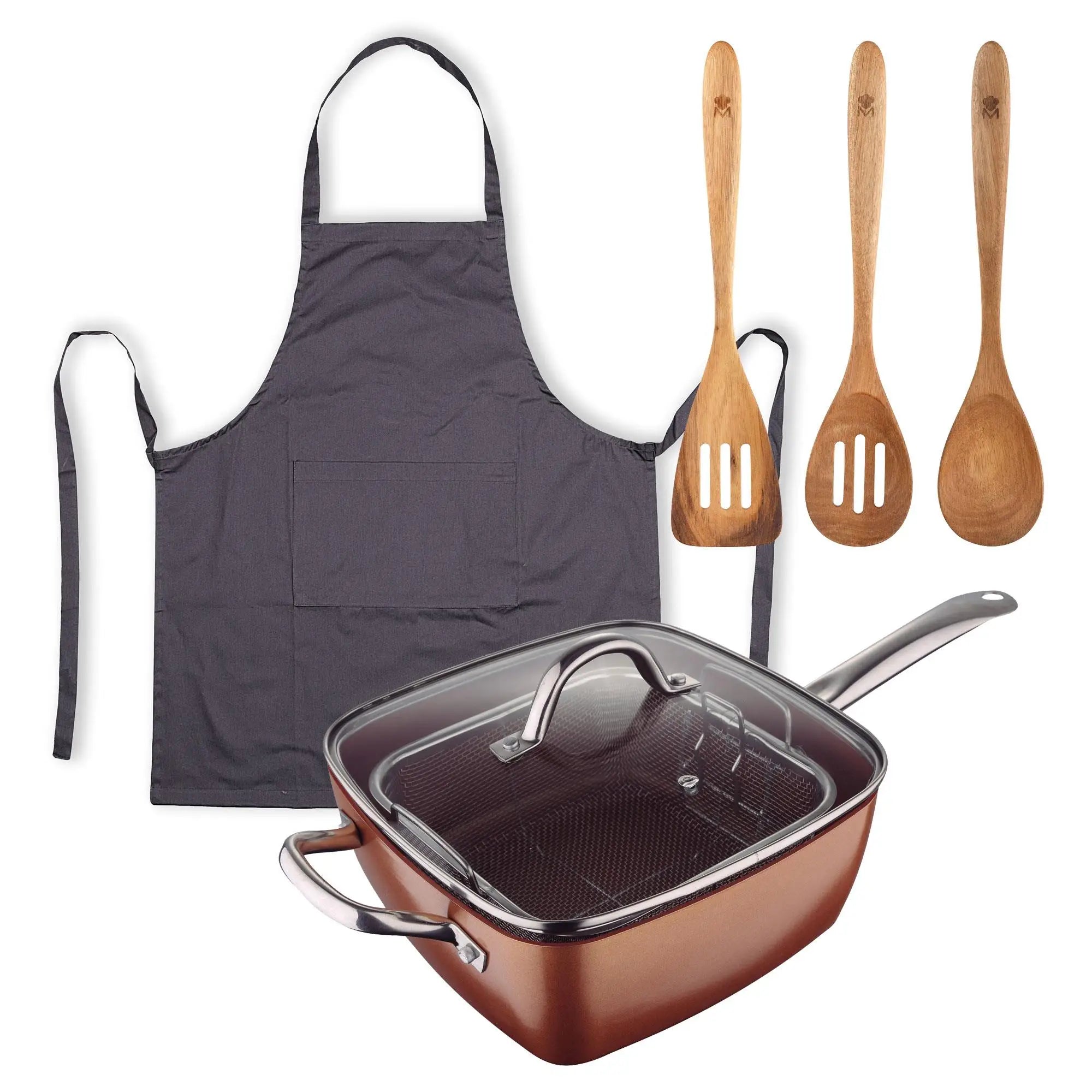 24x24cm Square Frying Pan Set in Pressed Aluminum + 3 Wooden Kitchen Utensils + 100% Cotton Grey Apron by Optimum Copper Bergner