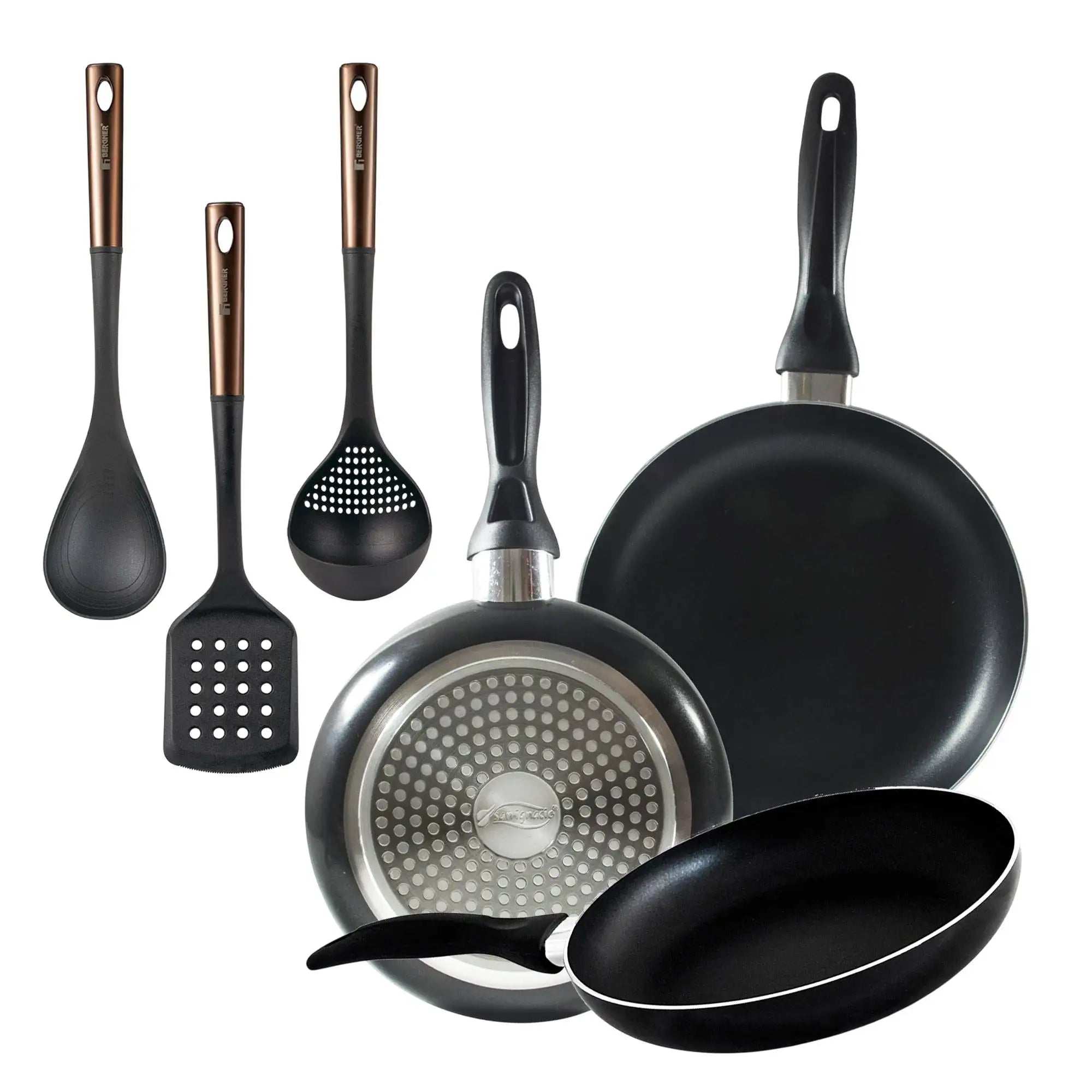 Set of 3 San Ignacio frying pans (16 20 24cm) pressed aluminum suitable for induction + Set of 3 PBT kitchen utensils in