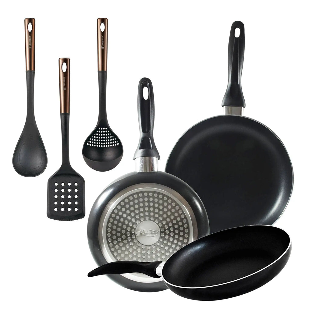 Set of 3 San Ignacio frying pans (16 20 24cm) pressed aluminum suitable for induction + Set of 3 PBT kitchen utensils in