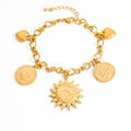 Wholesale Vintage  Fashion Jewelry Sun Pennies Heart Charm 18k Gold Plated Stainless Steel Bracelets