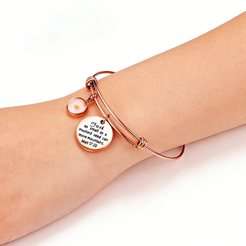 Stainless Steel Real Gold Plated Letter Bracelet Adjustable Stretchable Bangle Mustard Seed Faith Jewelry Tarnish Resistant