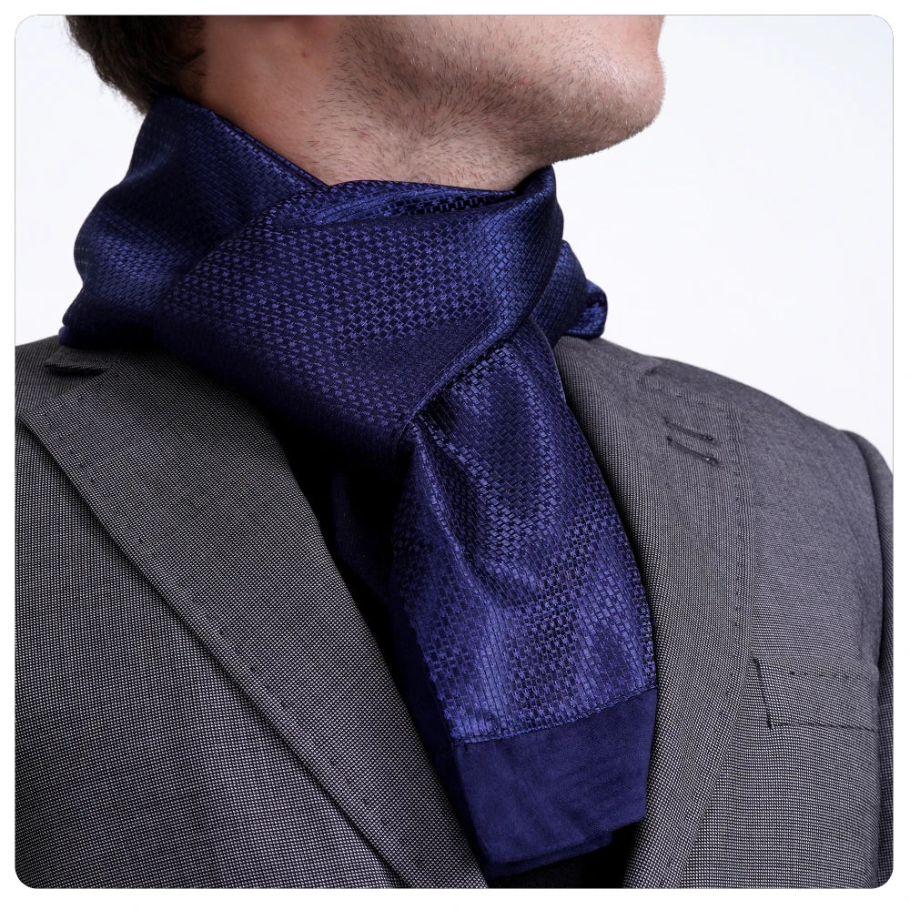 Exve Exclusive Navy Blue Elegant Double-Sided Jacquard Woven Scarf Self-Patterned for Men's Women's Set Hat Gloves Model AE3464