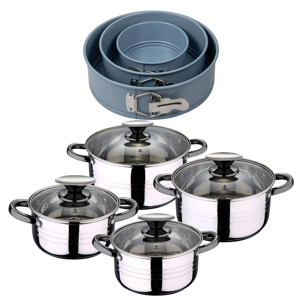 8-piece stainless steel cookware set suitable for induction hobs San Ignacio Premium Collection + Set of 3 round baking pans