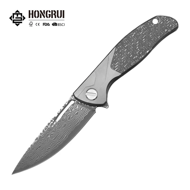 Hongrui 2026 New Design CNC Damascus Outdoor Folding Knife Stone Wash with Titanium Alloy Carbon Fiber Handle for Easy to Carry