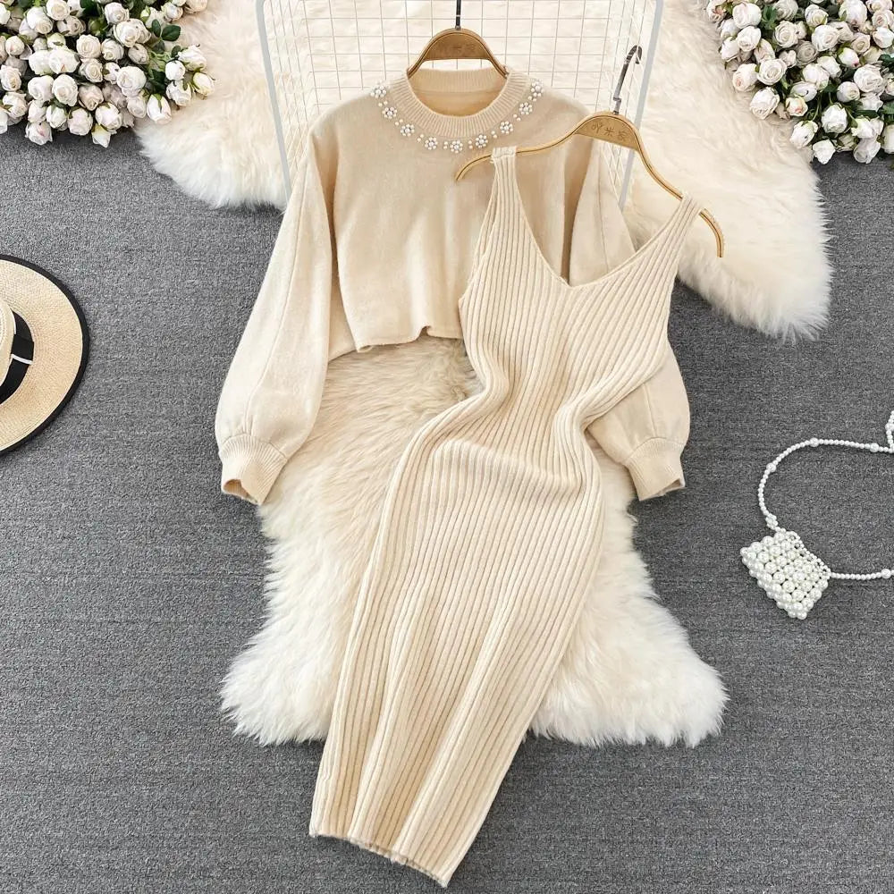 2025 Summer Vintage French-Style Elegant Socialite Beaded High-Waist Two-Piece Dress Set Romantic New Knit Vest Dress