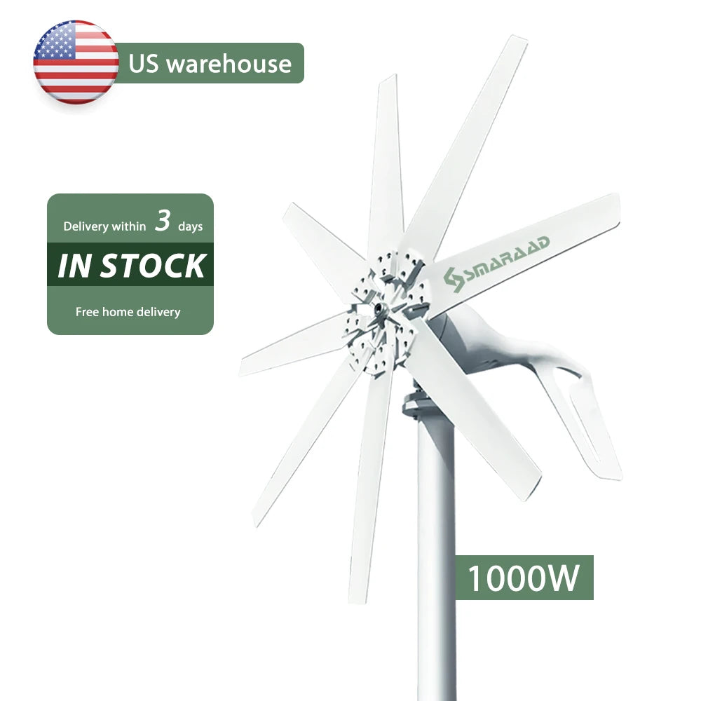 SMARAAD US Stock DDP 1000W 48V Horizontal Wind Turbine 1KW 48V Solar Power System for Home Wind and Solar Generators