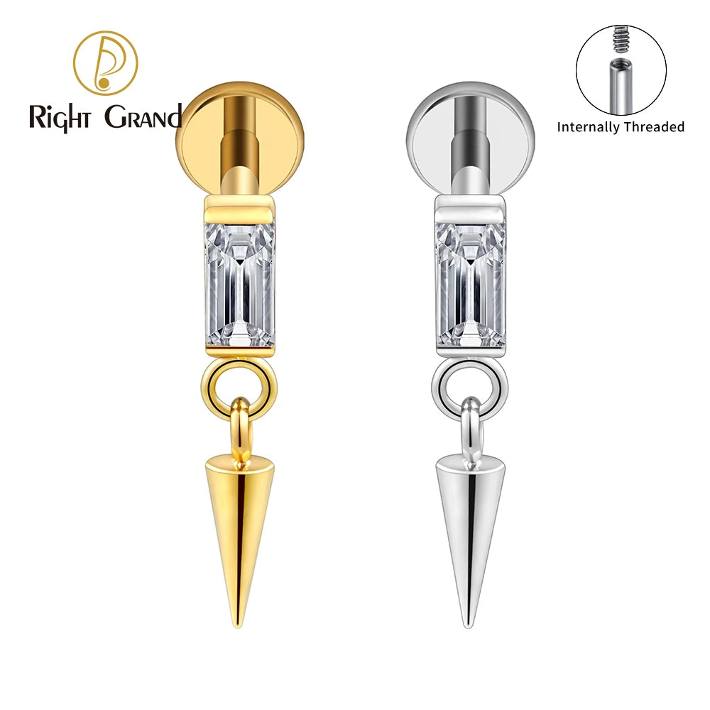 Right Grand ASTM F136 Square CZ Stud Cone Spike Dangle Earring Titanium 16G Internally Threaded Flat Back Labret Piercing