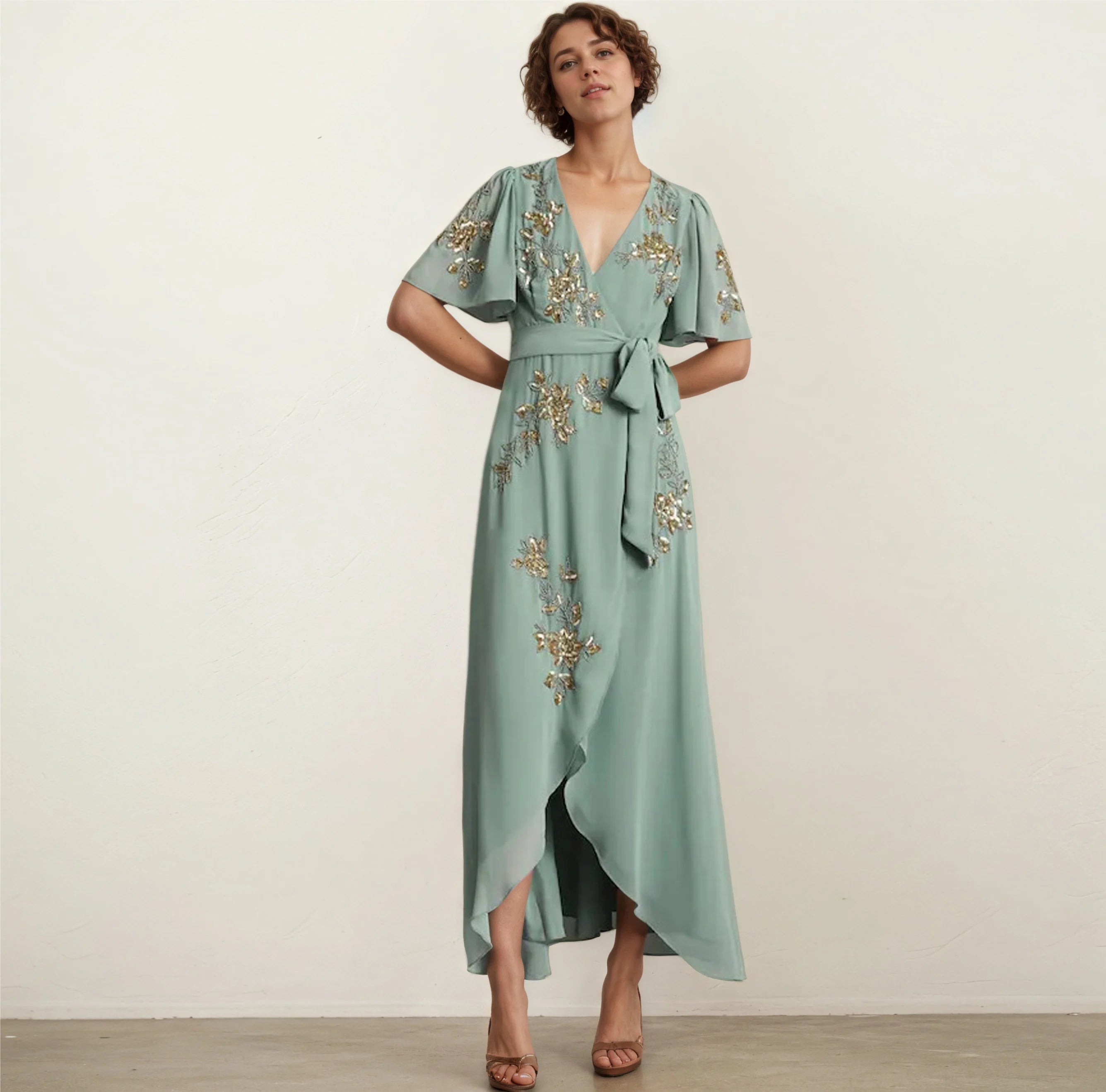 Casual Plus-Size Women's Short-Sleeve Embroidered Maxi Dress Elegant Formal Dress with Empire Waistline Featuring Dress Belts